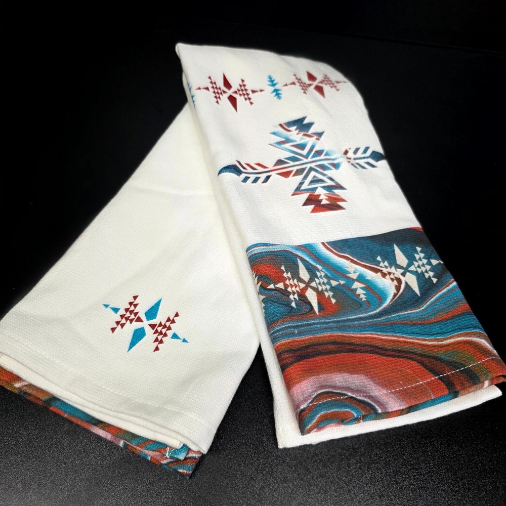 Tea Towel Set 2 White Southwestern Tribal Aztec Boho Decor Kitchen Hand Towel